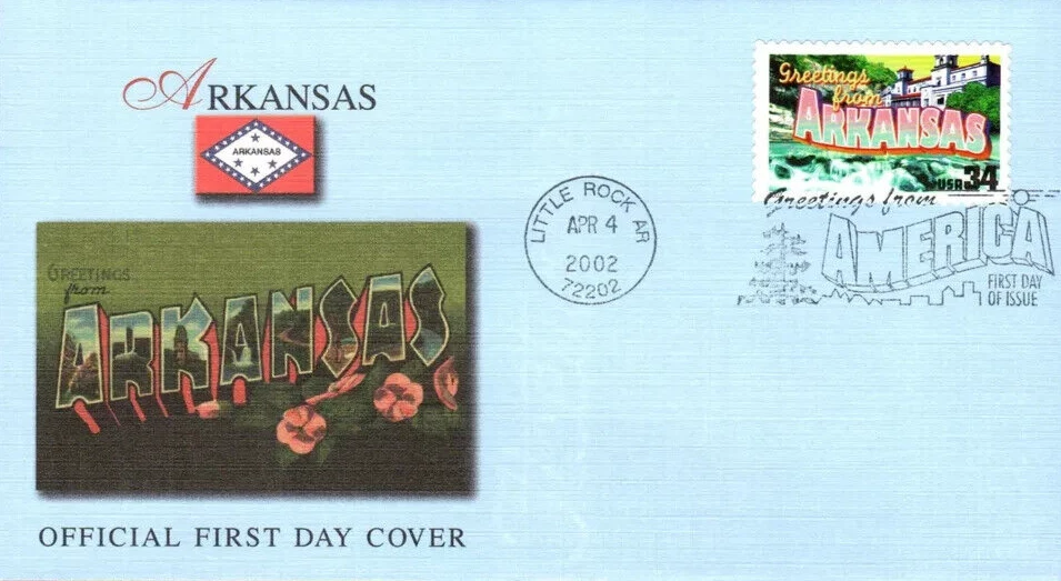 GREETINGS FROM  ARKANSAS 2002  BLUE FLEETWOOD CACHET FDC   UNADDR - Image 1 of 1
