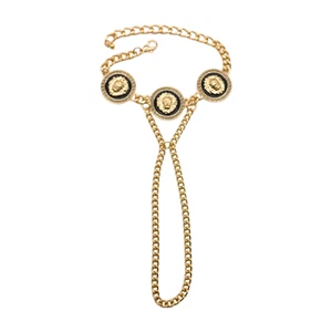 Women Gold Metal Hand Chain Links Bracelet Connected Ring Lion Coin Medallions - Picture 1 of 16