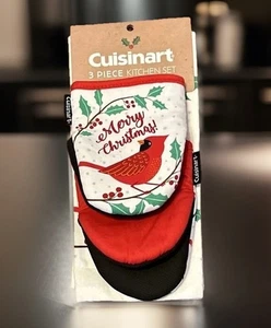 New Cuisinart Kitchen Oven Mit Towel Christmas Holiday Red Bird Set of 3 - Picture 1 of 10
