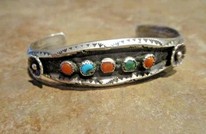 VERY NICE !!  Old Navajo Sterling Silver Turquoise / Coral FLOWER Bracelet - Picture 1 of 12