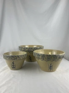 RARE Robinson Ransbottom Roseville Ohio Blue Spongeware Wheat Mixing Bowls - Picture 1 of 10