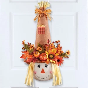 Adorable Floral Scarecrow Head Hanging Thanksgiving Door Wreath - Picture 1 of 1
