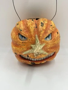 Vintage RARE Halloween Paper Mache Jack O Lantern Pumpkin Stem As The Nose TEETH - Picture 1 of 14