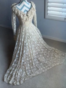 Vintage 70s Antique 1800s Style Wedding Dress Custom Handmade Ivory Lace S - Picture 1 of 12