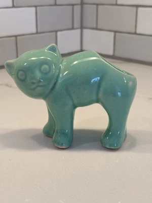 Vtg MCM McCoy Cat Planter Figurine Green Art Pottery.  See Descrip Notes Glow - Image 1 of 4