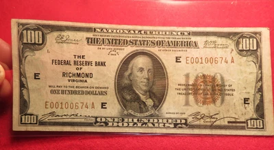 1929 $100 Federal Reserve Bank Note Richmond Virginia Jones/Woods E00100674A - Image 1 of 4