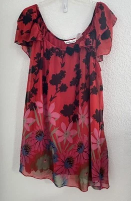 Denim 24/7 Dress Womens 32W Red Black Floral Chiffon Ruffle Sleeve Plus Size Bow - Image 1 of 4
