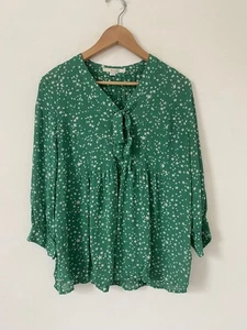 Boden Blouse 12 Green Star 3/4 Sleeve Pullover Top Pussy Bow Neck - Picture 1 of 8