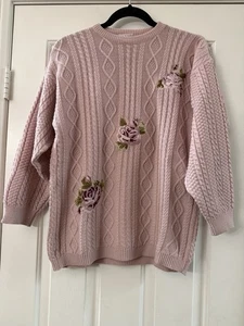 Monnalisa Mädchen Pullover rosa Zopfmuster Wolle Blumen bestickt Rosen Italy 41 - Bild 1 von 9
