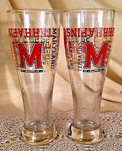 UNIVERSITY MARYLAND GLASS SET 2 TERAPINS TERPS EST 1856 TALL BARWARE RED YELLOW Cover