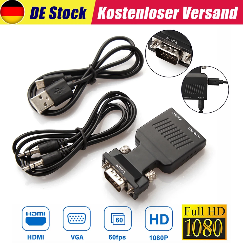 VGA zu HDMI Adapter HD 1080P Audio Video Converter USB Videokabel für PC Laptop - Bild 1 von 4