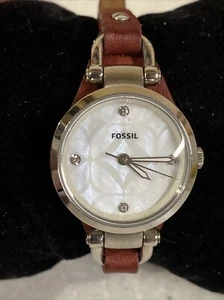Fossil Georgia MOP Watch Women 26mm ES3328 Silver Tone Red Band New Battery - Picture 1 of 5