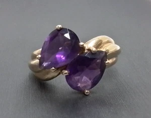 10K Gold Double Tear Drop Amethyst Ring - Size 7 - 3.6G - Picture 1 of 8