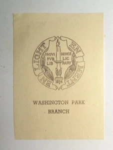 Providence Public Library Washington Park Branch Ex-Libris Bookplate - 1889 - Imagen 1 de 2