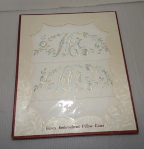 Pretty NOS Mr. & Mrs. Fancy Embroidered Pillow Cases IOB - Picture 1 of 4