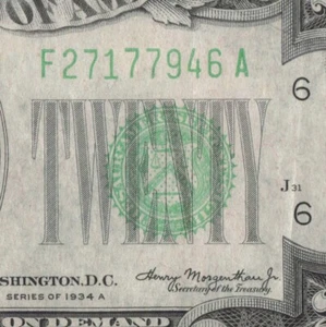 1934 A Atlanta Twenty Dollar Bill F27177946A J31 Back Plate 374 - Picture 1 of 11