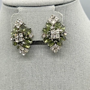 Vintage Rhinestone Cluster Earrings Smoky Gray Green & Clear Clip On Chunky Glam - Picture 1 of 18