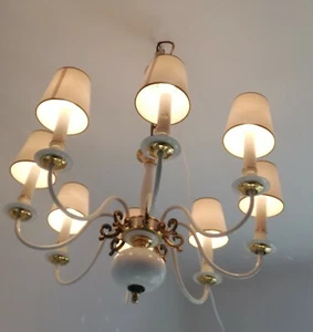 Kronleuchter 70er Jahre Sölken Leuchte Neheim Messing Deckenlampe Weis 8 Amrig - Bild 1 von 12