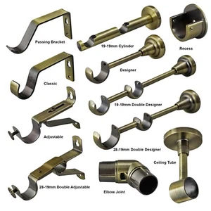 Antique Brass Curtain Pole Rod Brackets 19mm 28mm 35mm Recess Extendable Double - Picture 1 of 23