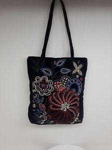 Vintage La Regale Dark Brown Velvet Beaded Handbag Shoulder Bag Flowers D18