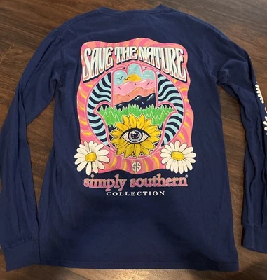 Simply Southern Shirt Girls M Blue Pink Save The Nature Daisy Long Sleeve Print - Image 1 of 4