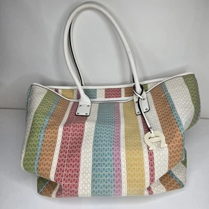 Etienne Aigner Shoulder Bag Canvas Leather Rainbow Logo Tote Handbag Purse - Picture 1 of 14