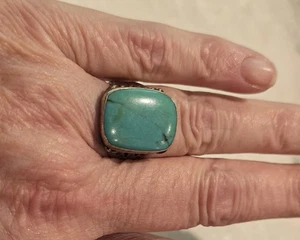 ANILLO ANTIGUO VINTAGE PEÓN TURQUESA NATIVO AMERICANO PIEDRA RECTANGULAR GRANDE - Imagen 1 de 18