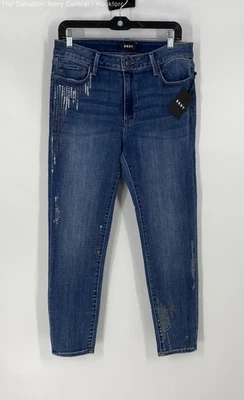Pantalones de mezclilla ajustados con diseño de 5 bolsillos adornados con lentejuelas azules DKNY para mujer talla 31/32 Foto 1 de 4