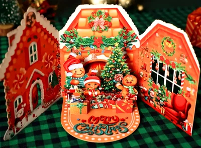 3D POP-UP CHRISTMAS CARD, ENV. & SEAL - GINGERBREAD HOUSE W GINGERBREAD CHILDREN - Image 1 of 4