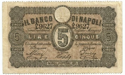 5 LIRE BANCO DI NAPOLI FEDE DI CREDITO 01/10/1870 BB - Image 1 of 4