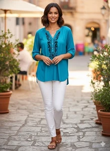 St. John's Bay Tunic Top Size M Turquoise Black Embroidered  - Picture 1 of 4