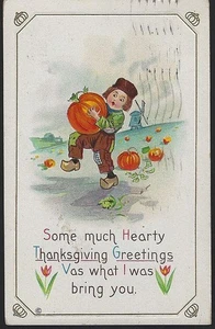 Thanksgiving Greetings Dutch Boy Pumpkins 1922 Vintage Holiday Postcard - Picture 1 of 2