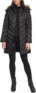 Kenneth Cole Women's Mid-Length Chevron Puffer Jacket Hooded Coat, CLEARANCE - Picture 1 of 28