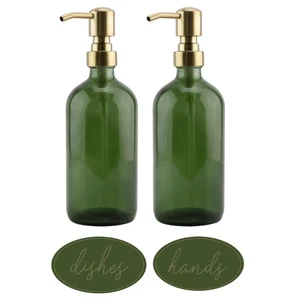 16oz Green Glass Soap Dispensers w/ Gold Metal Pumps, 2pk- Darware - Picture 1 of 9