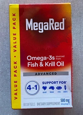 MegaRed Omega-3s Aceite de Pescado y Krill Avanzado 4 en 1 500 mg 80 cápsulas blandas Exp 02/2027 Foto 1 de 4