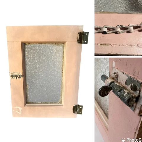 Vintage Old Wood Cabinet Cupboard Textured Glass Door Shabby Pink Chain Bolt Cover