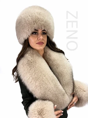 Fox Fur Stole 47' (120cm) + Tails/Wristbands and Beanie Hat Set Saga Furs Beige - Image 1 of 4