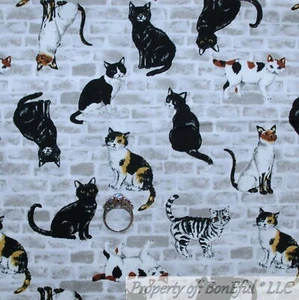 BonEful Fabric FQ Cotton Quilt Black White B&W Kitty Cat Brick Wall Pet Vet Sale - Picture 1 of 14
