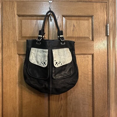 BOLSO DE VIAJE ITALIANO PULICATI HOMBRO Negro Gamuza y Piel de Serpiente Cuero Usado en Excelente Condición Foto 1 de 4