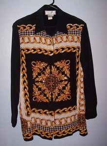 Diane Gilman Vintage Silk Sequin Retro Button Down Shirt Size Large GUC - Picture 1 of 3