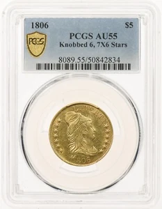 1806 $5 PCGS AU55 Knobbed 6, 7X6 Stars Draped Bust Gold Half Eagle - Picture 1 of 3