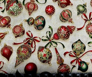 Tina Scrap 9"x21" Christmas bulb Metallic Gold Ornament Swirl Snow FABRIC COTTON - Picture 1 of 1