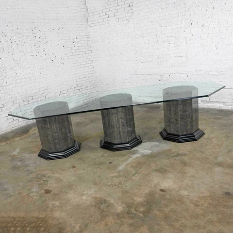 Greek Revival Dining Table Triple Pedestal Base & Elongated Octagon Glass Top Cover