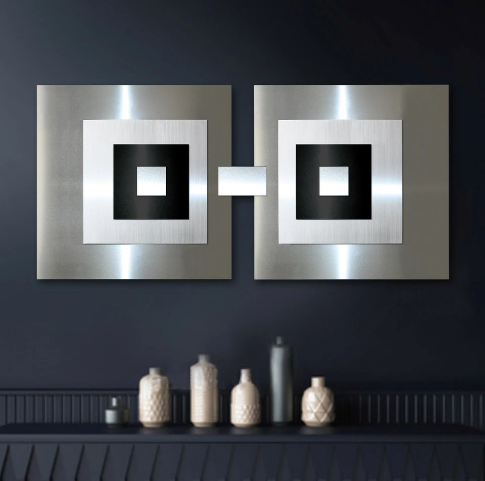 ORIGINAL ABSTRAKT METALL Bild 3D Designer Wandbild Modern Schwarz Silber UNIKAT - Bild 1 von 4