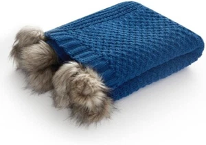 NWT NY&C Dorsey Knitted Throw Blanket w/ Fur Pom Poms Blue - Picture 1 of 3