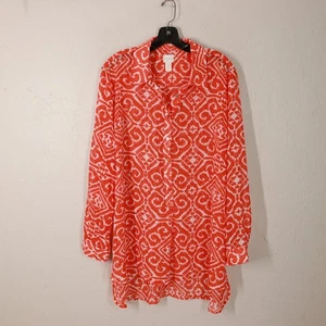 Chicos 3 Blouse Top XL 16 Semi-Sheer Orange White Tunic Boho Summer Beach Button - Picture 1 of 13