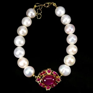 925 Sterling Silver Bracelet Oval 6 Rays Star Ruby 12x9mm Pearl Gemstone 7.5in - Picture 1 of 13