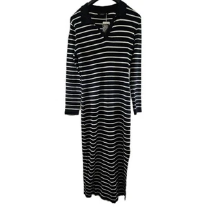NUEVO CON ETIQUETAS MIROL Maxi Vestido Tejido a Rayas Blanco y Negro Manga Larga Cuello en V con abertura lateral XL - Imagen 1 de 4