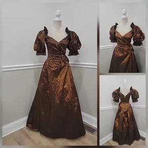 Vintage 80er ILGWU Kupfer Irresent Taft Abschlussball formelles Maxikleid Puffärmel/Schleife - Bild 1 von 13