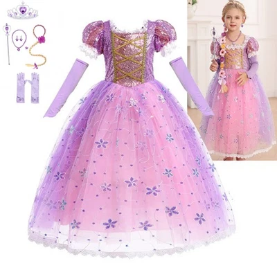 Rapunzel Fancy Dress Up Princess Sequins Costume Girls Kids Birthday Party Gifts - Image 1 of 4